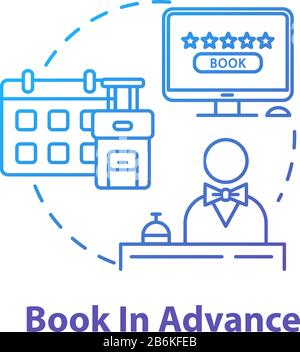 Book in advance concept icon. Ordering trip beforehand, budget tourism idea thin line illustration. Early accommodation, hotel reservation. Vector Stock Vector