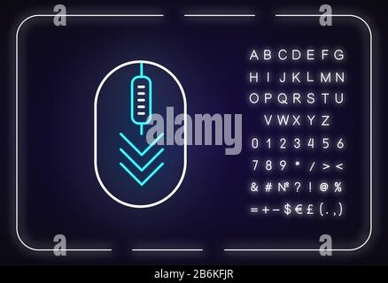 Computer mouse with down arrows neon light icon. Scrolldown gesture indicator. Web cursor. Outer glowing effect. Sign with alphabet, numbers and Stock Vector