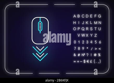 Scrolling mouse neon light icon. Internet page browsing gesture, down arrowheads indicator. Outer glowing effect. Sign with alphabet, numbers and Stock Vector