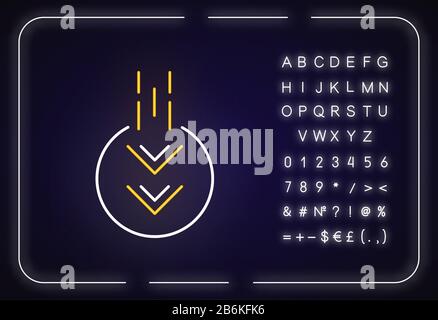 Moving down arrow in circle neon light icon. Mobile app page browsing indicator. Outer glowing effect. Sign with alphabet, numbers and symbols. Vector Stock Vector