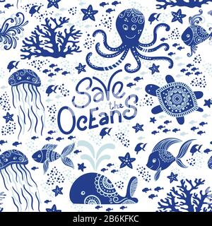 Save the ocean hand drawn lettering and underwater animals. Jellyfishes, whales, octopus, starfishes and turtles. Seamless pattern background. Vector illustration doodle style. Protect ocean concept Stock Vector