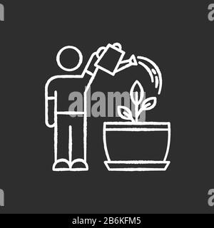 Watering sapling chalk white icon on black background. Plant growing process. Indoor gardening. Moisturizing, rehydrating potting soil. Moistening Stock Vector