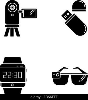 Mobile devices black glyph icons set on white space. Pocket electronic gadgets. Smart technology. Flash drive, video camera. Smartwatch, smartglasses Stock Vector