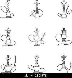 Hookah pixel perfect linear icons set. Custom object. Sheesha house. Nargile lounge. Smoking area. Customizable thin line contour symbols. Isolated Stock Vector