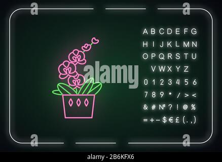 Moth orchid neon light icon. Orchidaceae. Phalaenopsis Blume. Plant with flowers. Houseplant. Outer glowing effect. Sign with alphabet, numbers and Stock Vector