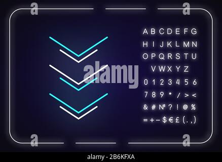 Three down arrows neon light icon. Page browsing direction, download. Website pointer. Outer glowing effect. Sign with alphabet, numbers and symbols Stock Vector