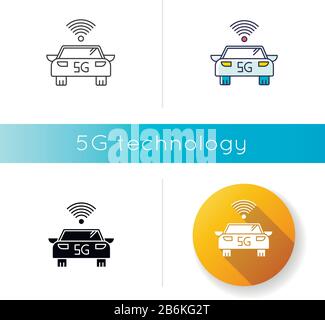 5G smart car icon. Self-driving vehicle. Autonomous driving. Driverless automobile. Wireless technology. Linear black and RGB color styles. Isolated Stock Vector