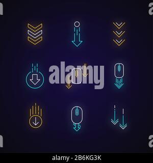 Scrolling down arrows neon light icons set. Computer mouse and arrowheads in circles buttons. Web cursor. PC elements. Signs with outer glowing effect Stock Vector