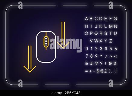 Scroll down mouse neon light icon. Internet page browsing arrows. PC mouse and arrowheads. Outer glowing effect. Sign with alphabet, numbers and Stock Vector