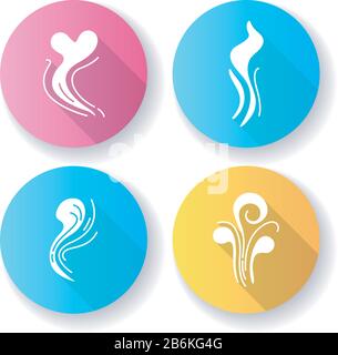 Good and bad smell flat design long shadow glyph icons set. Stinky odor. Heart shape fluid, perfume scent. Aromatic fragrance curves. Smoke stream Stock Vector