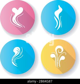 Good and bad smell flat design long shadow glyph icons set. Stinky odor. Heart shape fluid, perfume scent. Aromatic fragrance curves. Smoke stream Stock Vector