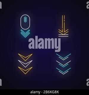 Scrolling down and uploading indicators neon light icons set. Arrows interface navigation buttons. Website page cursor. Signs with outer glowing Stock Vector