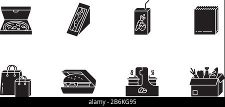 Takeaway food black glyph icons set on white space. Carry out packages for meal. Fast food delivery. Packed pizza, sandwich, hamburger. Takeout lunch Stock Vector