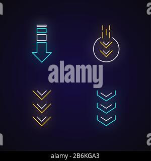 Down arrows neon light icons set. Double arrowhead in circle. Scrolldown buttons. Arrows interface navigation buttons. Signs with outer glowing effect Stock Vector