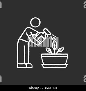 Spraying plants chalk white icon on black background. Misting. Moisturizing, rehydrating, moistening. Houseplant care. Plant growing. Indoor gardening Stock Vector