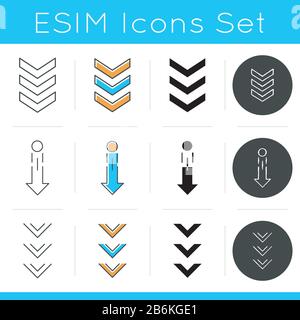 Scrolling down and uploading indicators icons set. Arrowheads in circles. Scrolldown gesture. Arrows buttons. Website page cursor. Linear, black and Stock Vector