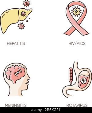 Dangerous illnesses RGB color icons set. HIV, AIDS, meningitis, rotavirus and hepatitis viruses. Medical diagnosis, healthcare and medicine. Different Stock Vector