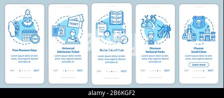 Excursions onboarding mobile app page screen with concepts. Free admissions. Small town. Cheap tourism walkthrough five steps graphic instructions. UI Stock Vector