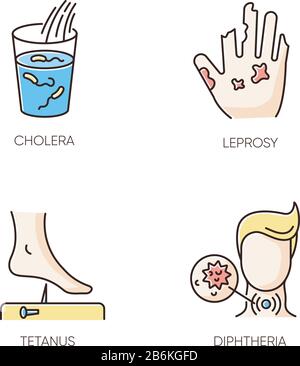 Endemic diseases RGB color icons set. Cholera, leprosy, tetanus and diphtheria viruses. Medical diagnosis, healthcare and medicine. Different Stock Vector