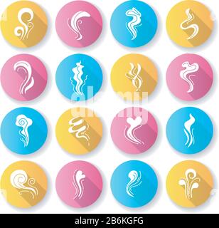 Odor flat design long shadow glyph icons set. Good and bad smell. Heart shape odour, fluid, perfume scent. Evaporation flow. Smog stream, fume swirls Stock Vector