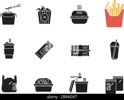 Takeaway food packages black glyph icons set on white space. Take out meal containers, boxes for delivery. Noodles, bucket of wings, french fries Stock Vector