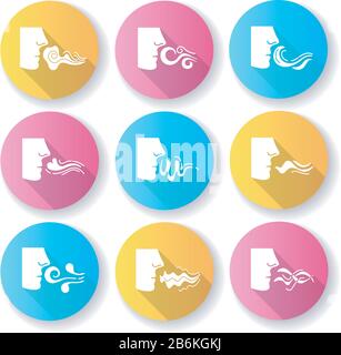 Nose smelling scent flat design long shadow glyph icons set. Person sniffing good and bad odor. Evaporation flow. Perfume odour. Aromatic fragrance Stock Vector