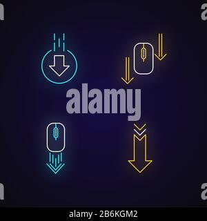 Computer mouse and arrowheads neon light icons set. Scrolling down and uploading indicators. Website page cursor. Signs with outer glowing effect Stock Vector
