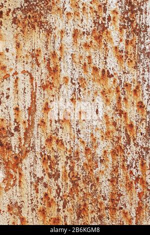 Beige peeling cracked paint on an old abandoned rusty stained sheet of metal. Abstract modern trendy texture background Stock Photo