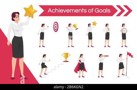 Successful woman flat vector illustrations set. Female office worker celebrating victory and goals achievement isolated cartoon one character kit Stock Vector
