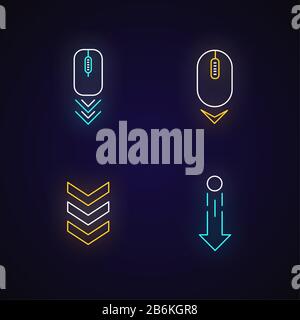 Scrolldown indicators neon light icons set. Computer mouse and arrowheads, indicators. Web page browsing cursor. Signs with outer glowing effect Stock Vector