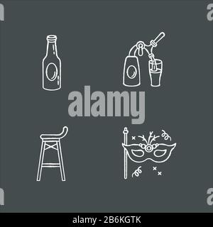 Entertainment venue chalk white icons set on black background. Recreation in pub, night club theme party. Beer, bar stool and masquerade mask isolated Stock Vector