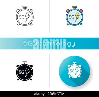 5G stopwatch icon. High performance. Low latency connection. Cellular network. Quick data transmission. Wireless technology. Linear black and RGB Stock Vector