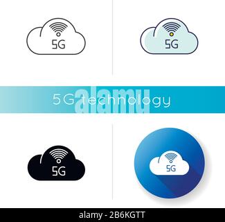 5G cloud service icon. Cloud computing. Remote workforce. Network storage. Wireless technology. Fast connection. Linear black and RGB color styles Stock Vector