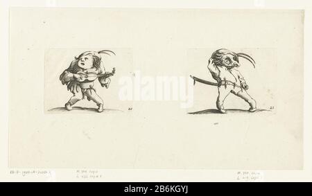Dwarf with Dwarf guitar with sword and mask Varie figure gobbi di Jacopo Callot (series title) Various grotesque figures (series title) Dwergen and hunchbacks (series title) Left: dwarf, from the front, a guitar playing on, a cap with two springs on the head. Right: dwarf, from the front, a hat with two feathers on the head, a mask for the face, left hand on the hilt of his sword. Both of these prints, printed side by side on one sheet, are part of a series of prints 21 (printed on 11 sheets, so excl the title print more and 2 plates per leaf) with grotesque figures; almost all of these figure Stock Photo