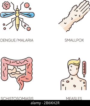 Contagious diseases RGB color icons set. Malaria, smallpox, schistosomiasis and measles infections. Healthcare and medicine. Various infectious Stock Vector