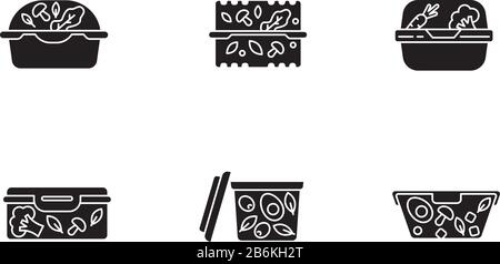 Plastic salad containers black glyph icons set on white space. Reusable food packages. Lunch boxes. Packed dinner. Take out meal storage. Silhouette Stock Vector