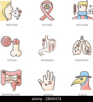 Infectious illnesses RGB color icons set. Various bacterial infections and contagious diseases. Medical diagnosis, virology. Various bacterial Stock Vector