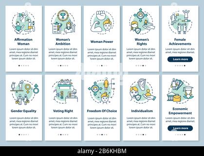Feminism onboarding mobile app page screen with concepts set. Women empowerment, gender equality walkthrough 5 steps graphic instructions. UI vector Stock Vector