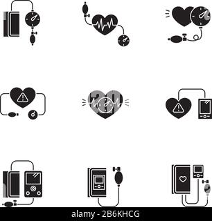 Early pregnancy symptom black glyph icons set on white space. High blood pressure. Doctor check. Patient healthcare. Tonometer to track heartbeat Stock Vector