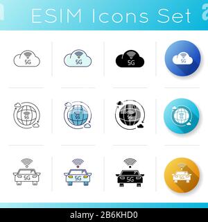 5G technology icons set. Mobile cellular network. Fast Internet connection. Data exchange. Cloud computing. World standard. Smart car. Linear, black Stock Vector