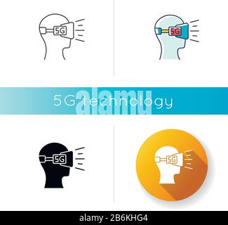 VR headset icon. Virtual reality glasses. 5G cellular mobile network. Wireless technology. Gaming. Entertainment. Linear black and RGB color styles Stock Vector