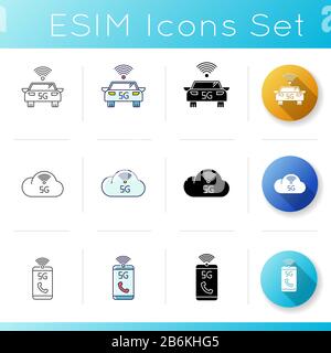 5G technology icons set. Mobile cellular network. Fast Internet connection. Cloud computing. Smart car. High quality connection. Linear, black and RGB Stock Vector