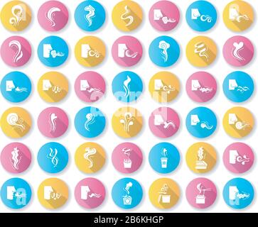 Odor flat design long shadow glyph icons set. Hot food steam, perfume odour. Human nose smelling scent. Aromatic fragrance, fluid. Smog, fume swirls Stock Vector