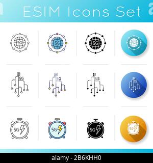 5G technology icons set. Mobile cellular network. Fast Internet connection. Data exchange. World standard. Microchip. Stopwatch. Linear, black and RGB Stock Vector