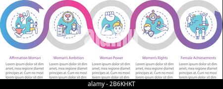Feminism vector infographic template. Women power and achievement presentation design elements. Data visualization with 5 steps. Process timeline Stock Vector