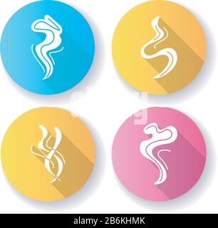 Odor flat design long shadow glyph icons set. Good smell. Fluid, nice perfume scent. Aromatic fragrance flowing curves. Smoke puff, hot steam curls Stock Vector