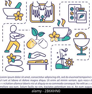 Spa therapy procedures concept icon with text. Relaxation, massage. Aromatherapy. PPT page vector template. Brochure, magazine, booklet design element Stock Vector