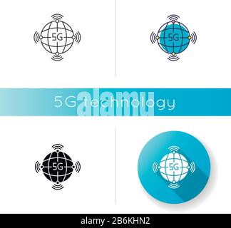 5g worldwide availability icon. Global deployment. Mobile cellular network coverage. Wireless technology. Linear black and RGB color styles. Isolated Stock Vector