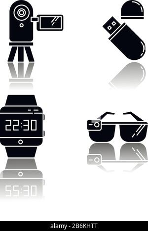 Mobile devices drop shadow black glyph icons set. Pocket electronic gadgets. Smart technology. Flash drive, video camera. Smartwatch, smartglasses Stock Vector