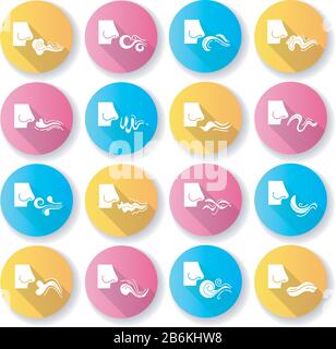 Nose smelling scent flat design long shadow glyph icons set. Good and bad odor. Evaporation flow. Fluid, perfume nice odour. Aromatic fragrance. Fume Stock Vector